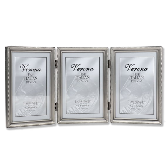 Antique Pewter 4x6 Hinged Triple Picture Frame - Bead Border Design