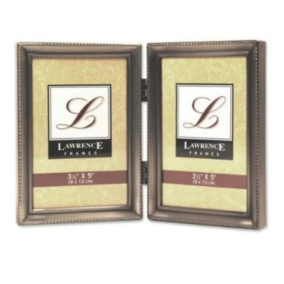 Antique Pewter Hinged Double 3x5 Picture Frame - Beaded Edge Design