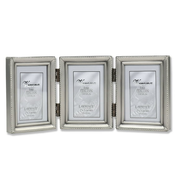 Antique Pewter Hinged Triple 2x3 Picture Frame - Beaded Edge Design