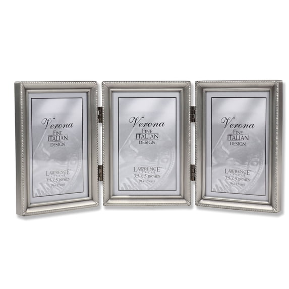 Antique Pewter Hinged Triple 3.5x5 Picture Frame - Beaded Edge Design