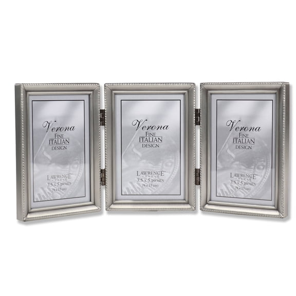 Antique Pewter Hinged Triple 3.5x5 Picture Frame - Beaded Edge Design
