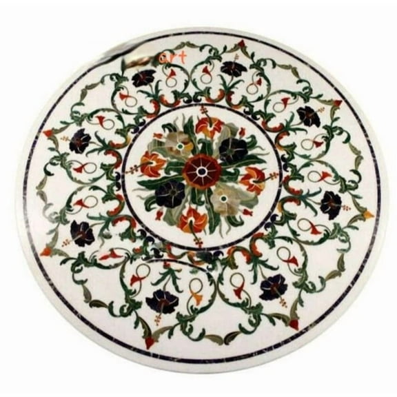 Antique Pietra Dura White Marble Inlay Coffee Table with Italian Floral Pattern, Elegant Hallway & Garden Table for Living Home Décor