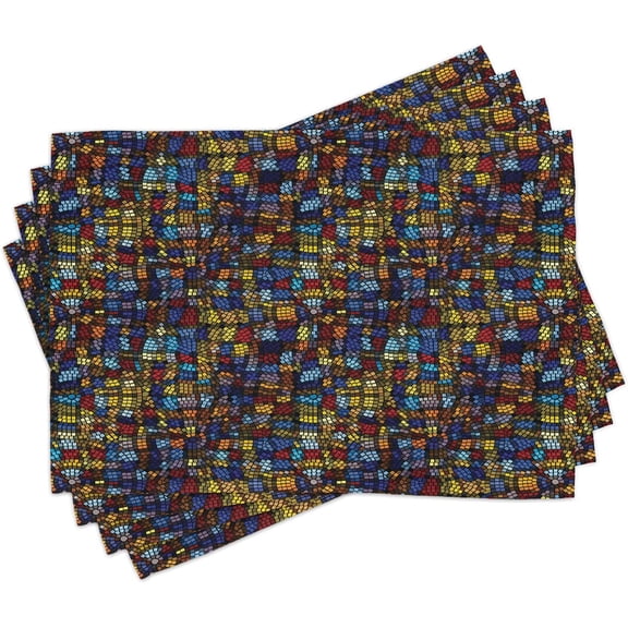 Antique Place Mats Set of 4, Victorian Medieval Mosaic Tiles Pattern with Oriental Spanish Anatolian Influences, Washable Fabric Placemats for Dining Table, Standard Size, Yellow Blue