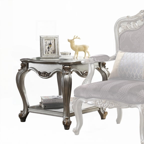 Antique Platinum 1-Shelf End Table Having an Elegant Wood Scalloped Top and Practical Storage Shelf