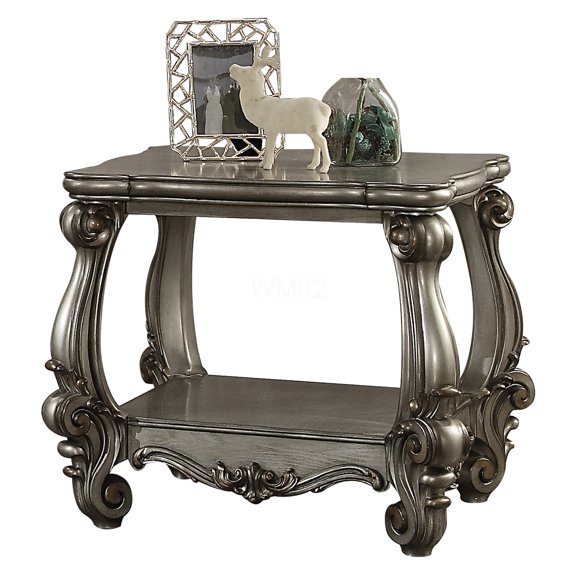 Antique Platinum Finish Grey End Table with Bottom Shelf, Traditional Wood Side Table with Floral Carvings