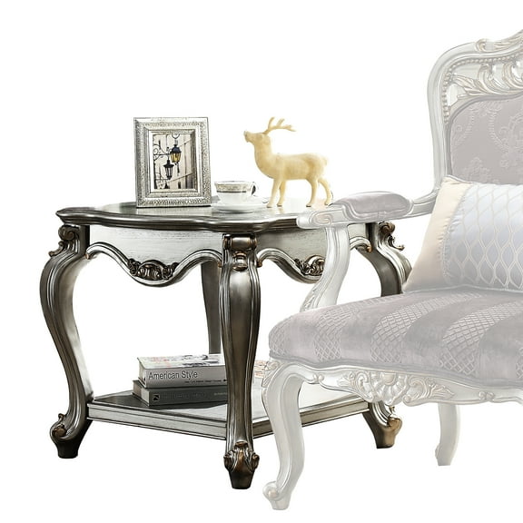 Antique Platinum Wood End Table With Scalloped Edge & Extra Shelf Space Artistic Woodwork Functional