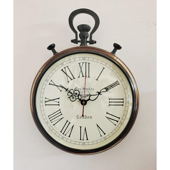 Antique Pocket Watch Style Wall Clock – Vintage Roman Numeral Silent Wall Clock for Home, Living Room, Office, Café | Retro Rustic Hanging Clock – Das Santos London Design (15-Inch)