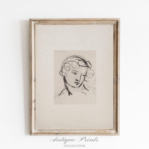 Antique Portrait Sketch, Vintage Woman Drawing, Neutral Line Art Sketch, 651, Unframed Poster Size 8x12