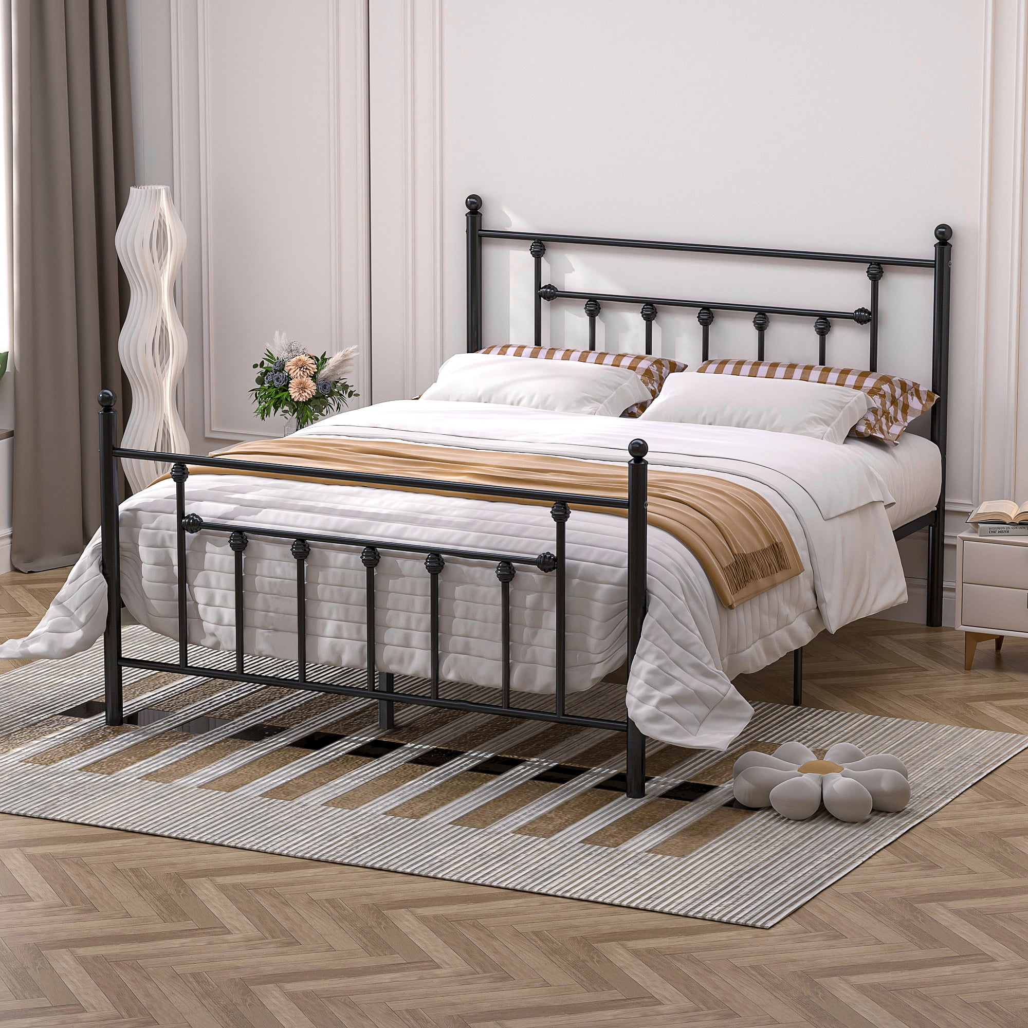 Antique Queen Size Platform Bed with Victorian Iron Headboard Slats Support