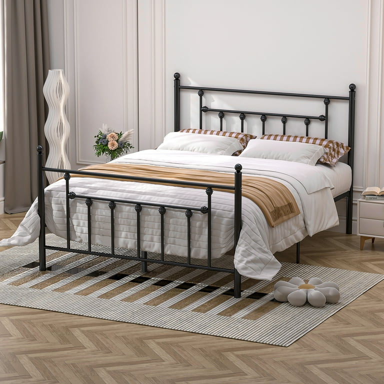 Antique Queen Size Platform Bed with Victorian Iron Headboard Slats Support Black