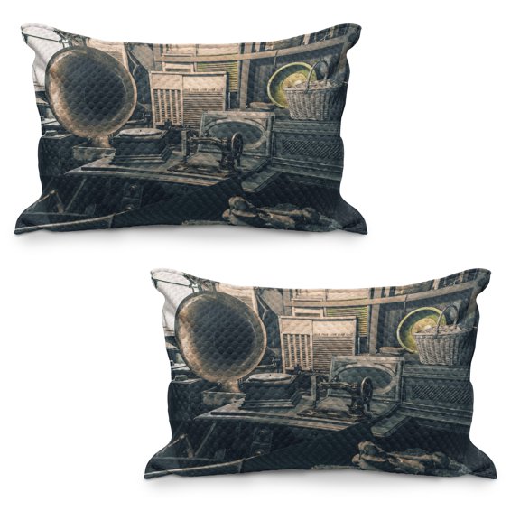 Antique Quilted Pillowcover Set of 2, Antique Store Inventory Old Gramophone Sewing Machine Other Early 20 Century Stuff, Standard Queen Size Pillow Cover for Bedroom, 30" x 20", Sepia, by Ambesonne