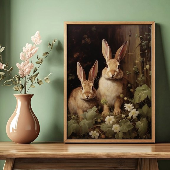 Antique Rabbit Couple Bunny Dark Academia Moody Hare Art, Unframed Poster