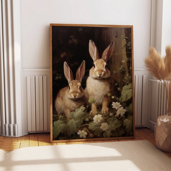 Antique Rabbit Couple Bunny Dark Academia Moody Hare Art, Unframed Poster
