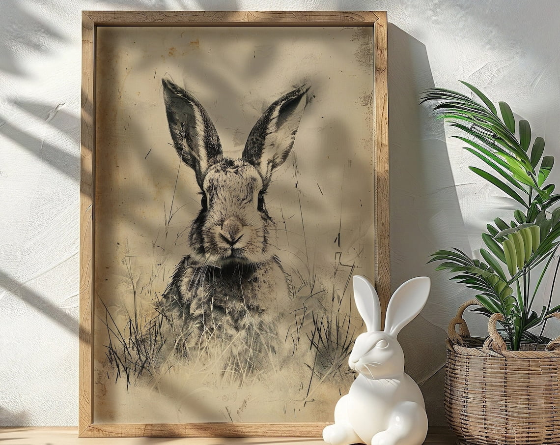 Rustic Print Rabbit Antique Rabbit Sketch Drawing, Antique Rabbit Painting, Vintage Easter ...