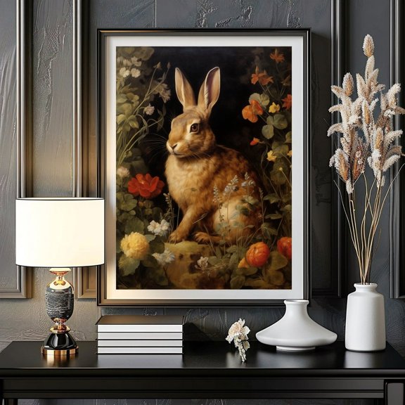 Antique Rabbit Wild Hare Wall Art Dark Academia Vintage Bunny Print Moody Rustic Rabbit
