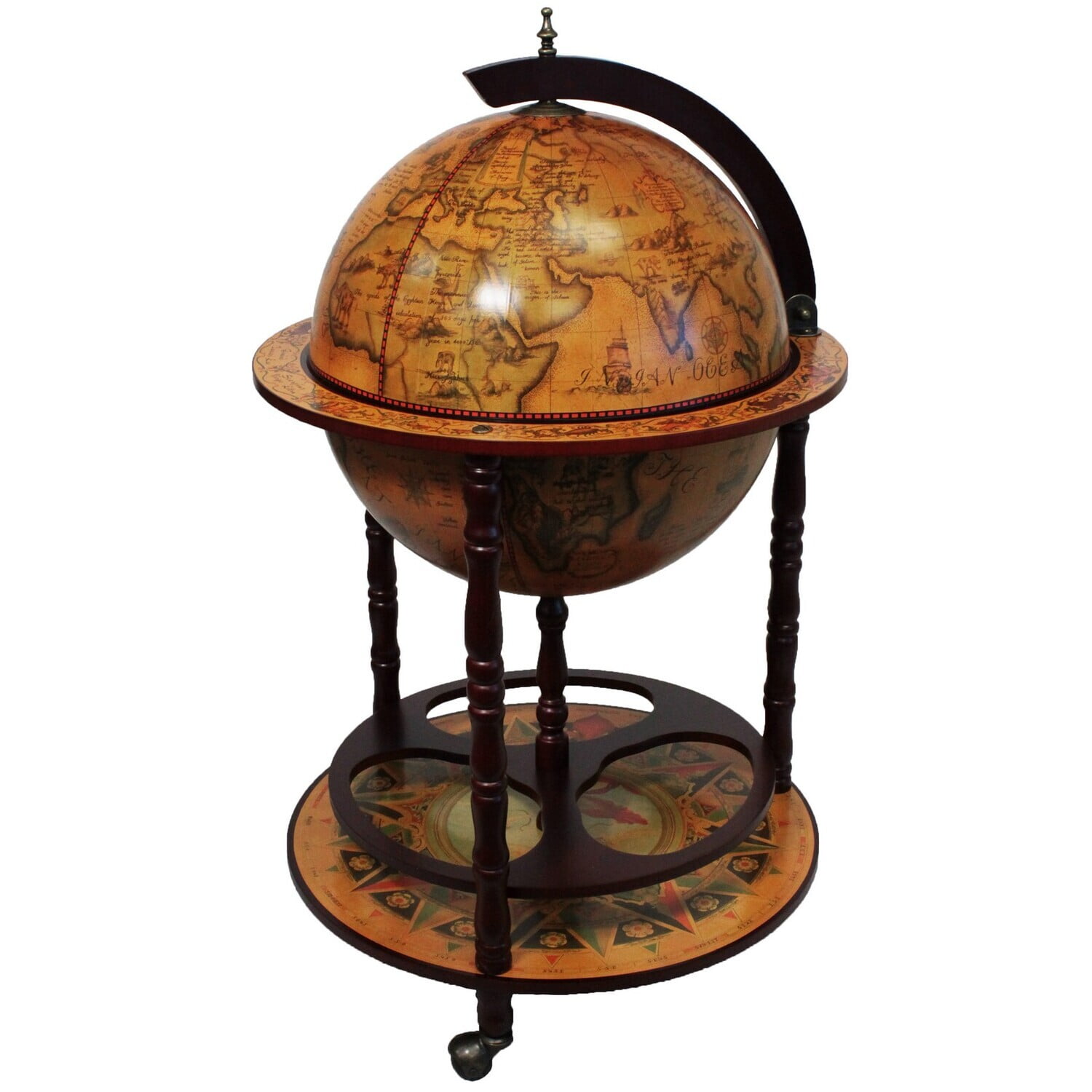 Antique Brown Wood Globe Bar with Renaissance Art