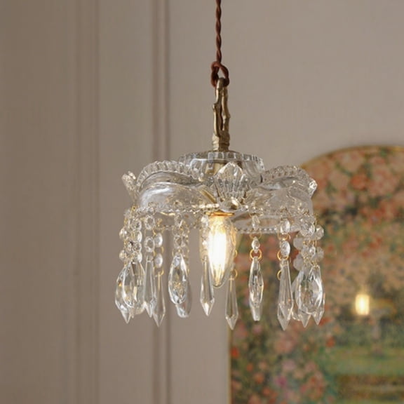 Litfad French Vintage Crystal Pendant Light, Clear Glass Brass Hanging Lamp for Bedroom Bathroom