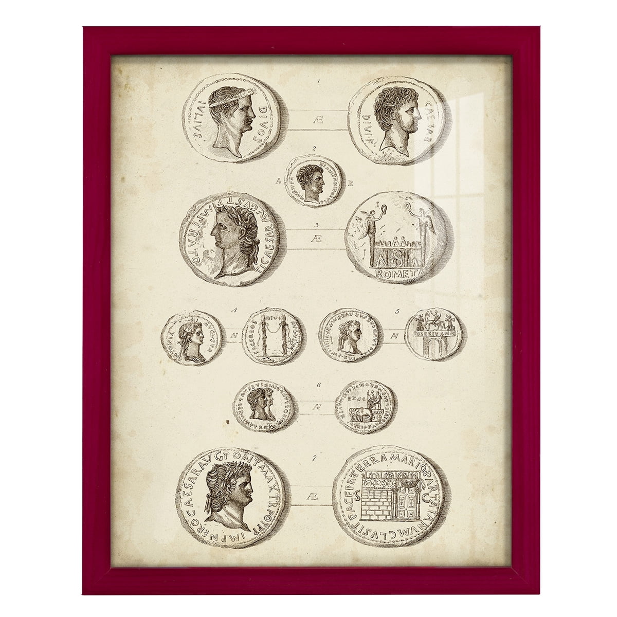 Antique Roman Coins I -Framed Print w/glass-Cherry Red