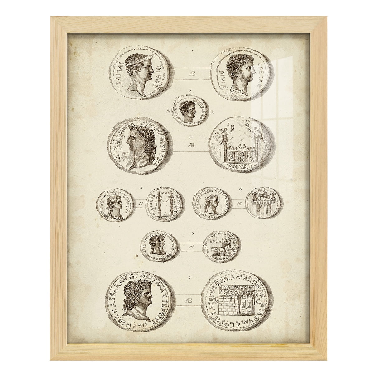 Antique Roman Coins I -Framed Print w/glass-Natural Wood