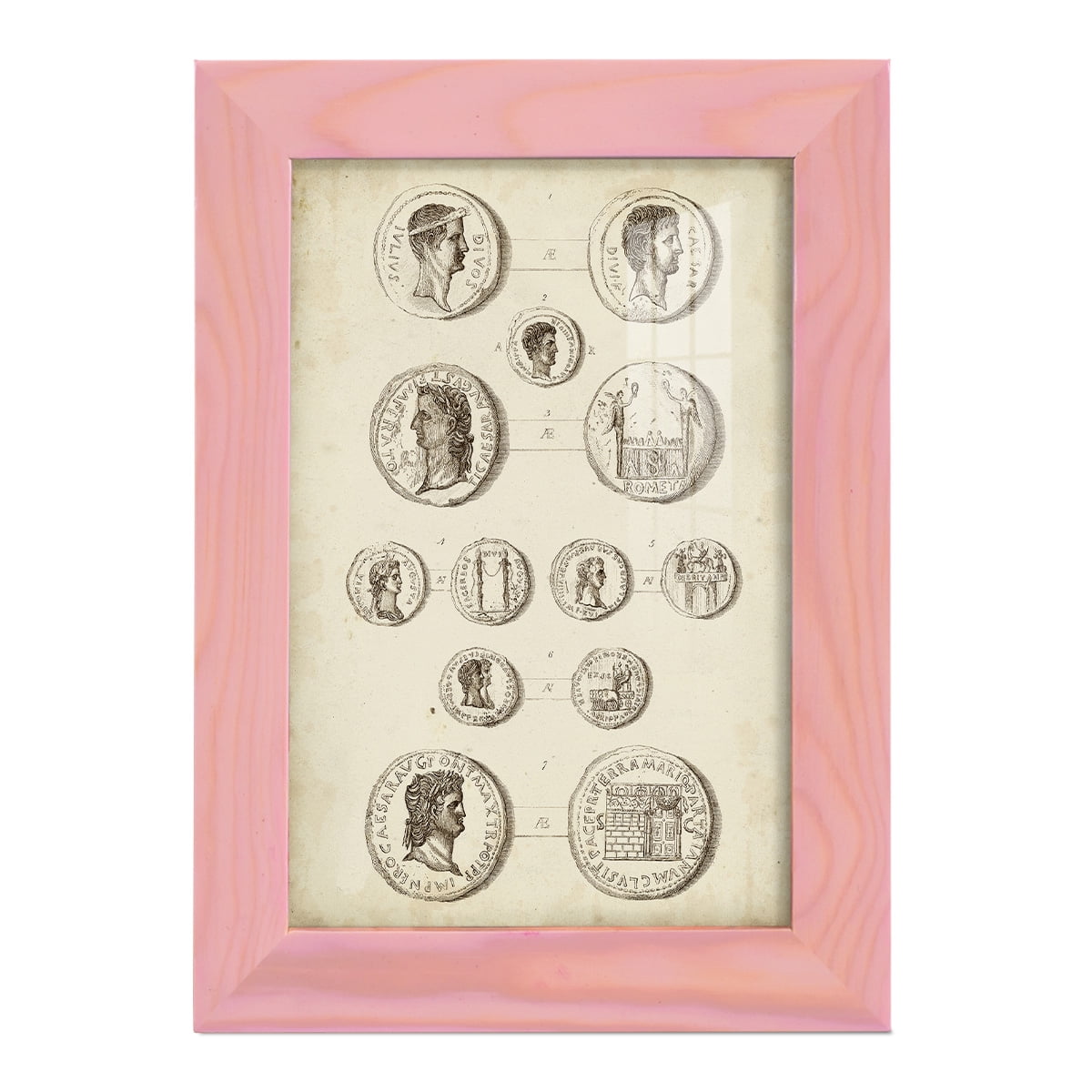 Antique Roman Coins I -Framed Print w/glass-Sunset Pink