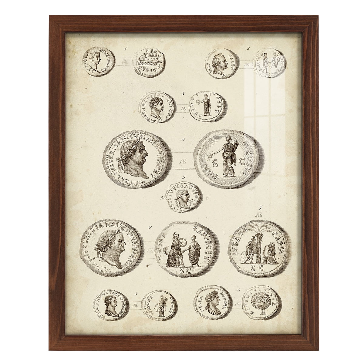 Antique Roman Coins III -Framed Print w/glass-Chestnut