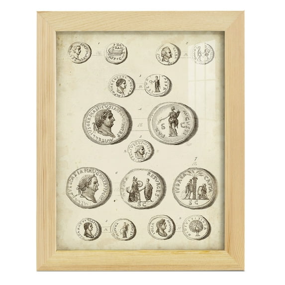 Antique Roman Coins III -Framed Print w/glass-Natural Wood