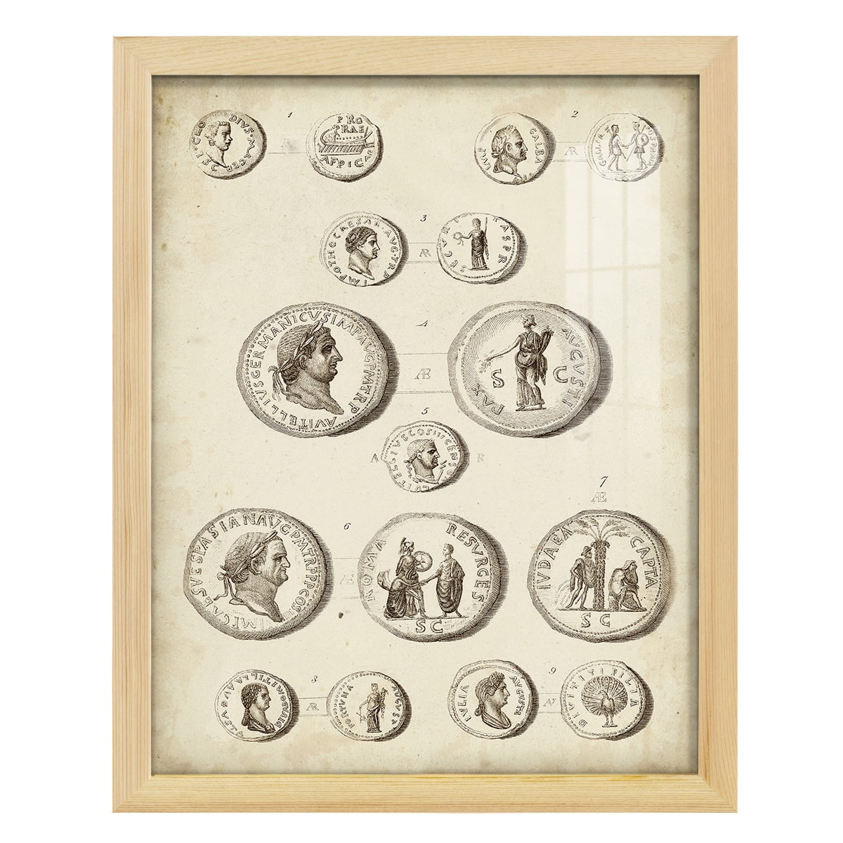 Antique Roman Coins III -Framed Print w/glass-Natural Wood