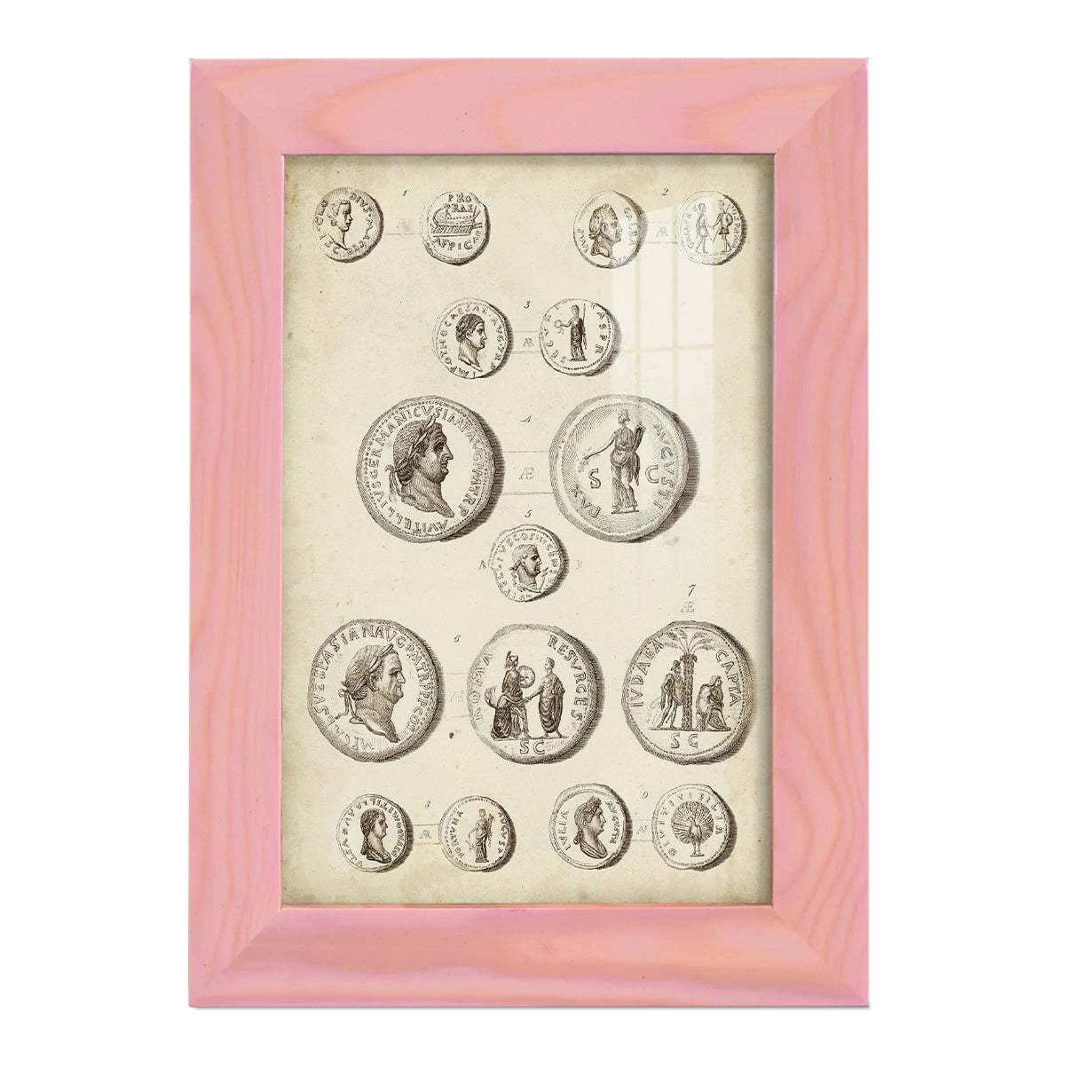 Antique Roman Coins III -Framed Print w/glass-Sunset Pink