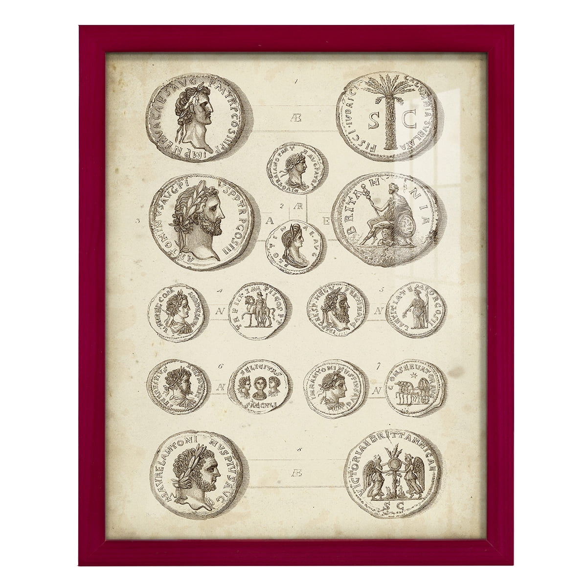 Antique Roman Coins IV -Framed Print w/glass-Cherry Red