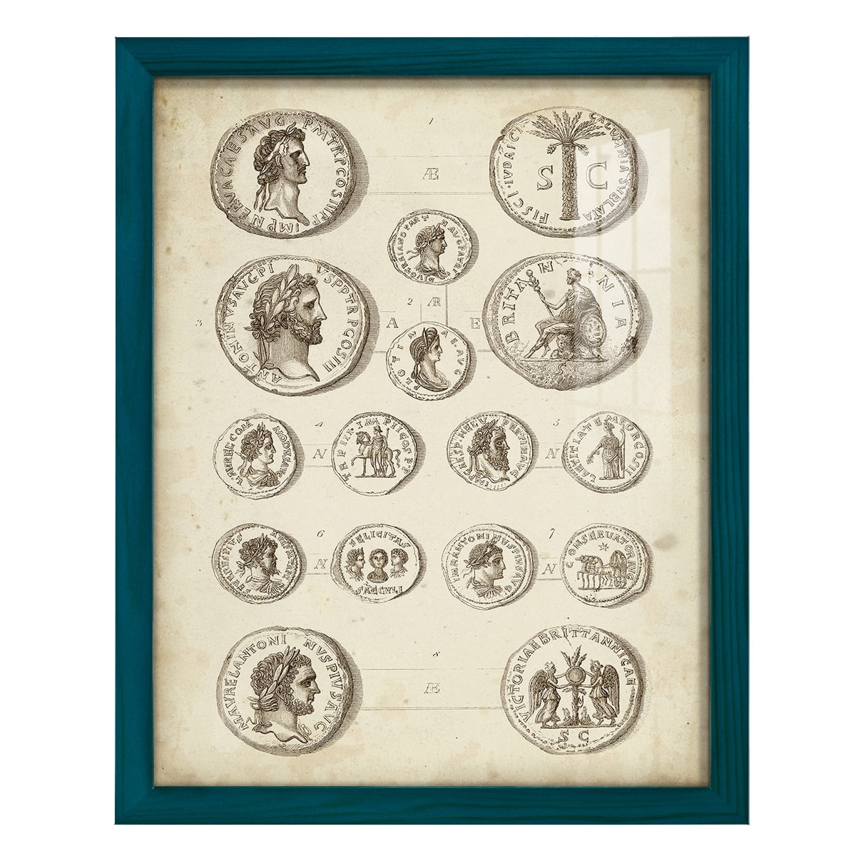 Antique Roman Coins IV -Framed Print w/glass-Ocean Blue