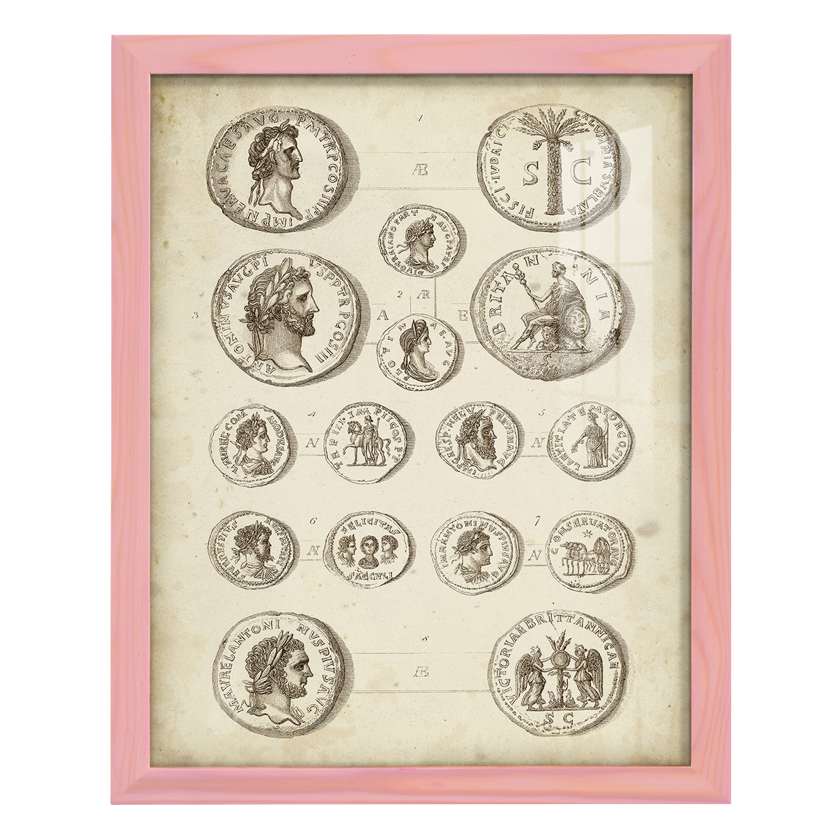Antique Roman Coins IV -Framed Print w/glass-Sunset Pink