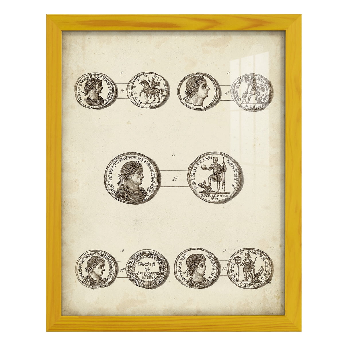 Antique Roman Coins V -Framed Print w/glass-Sunflower Yellow