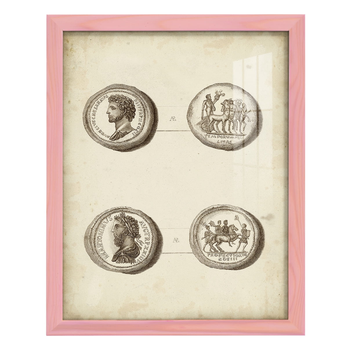 Antique Roman Coins VI -Framed Print w/glass-Sunset Pink