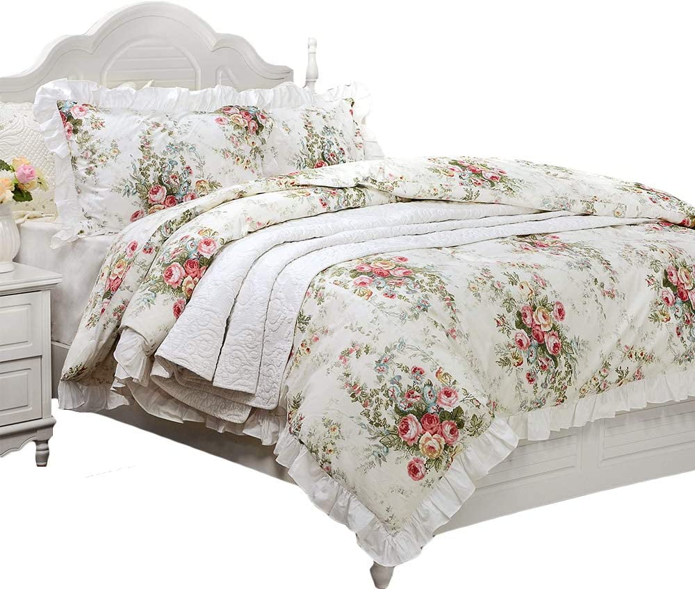 Simply Shabby Chic Sunbleached Floral 4-Piece Washed Microfiber Comforter  Set, Full/Queen