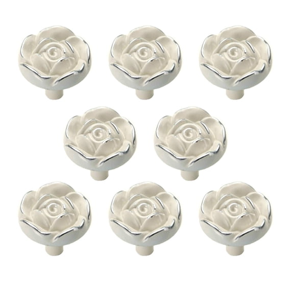 Antique Rose Flower Cabinet Knobs, Zinc Alloy White Drawer Pull Handles for Dresser Vanity Nightstand Cupboard Wardrobe, 8 Pack