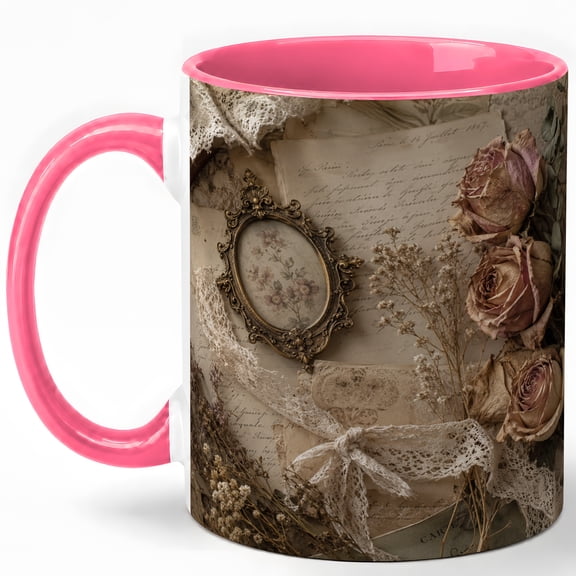 Antique Rose Letters 11oz Ceramic Mug, Vintage Floral Art