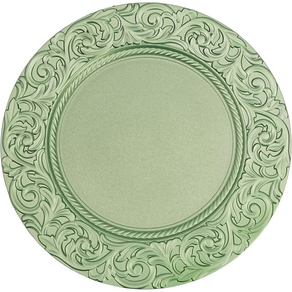 Antique Round Charger Plates, Plastic Embossed Serveware for Wedding and Event Table Settings.