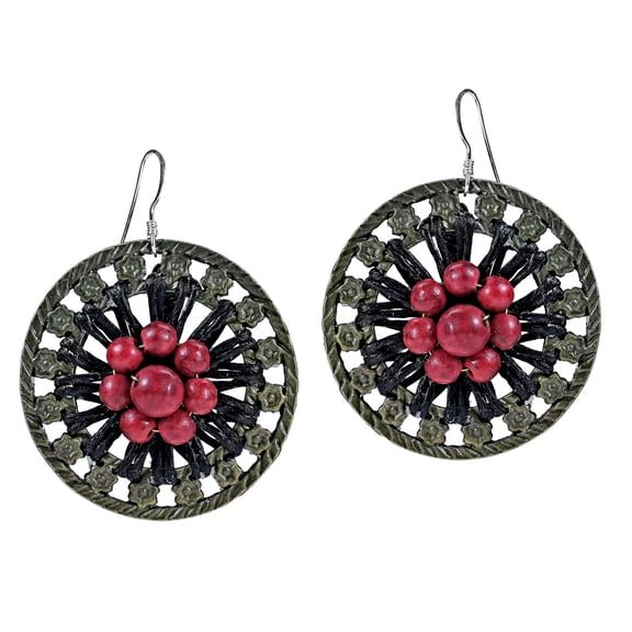 Antique Round Flower Brass Red Coral .925 Silver Earrings