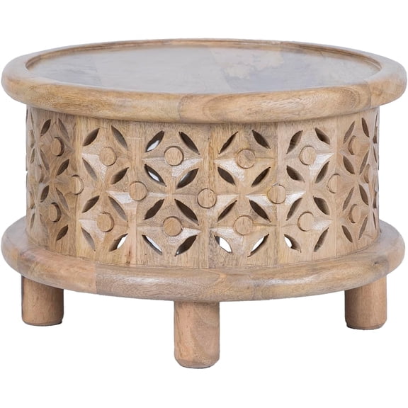 Antique Round Side Table - Crafted from Solid Mango Wood with Unique Jicksaw Design End Table Home Decor, 16" Diameter