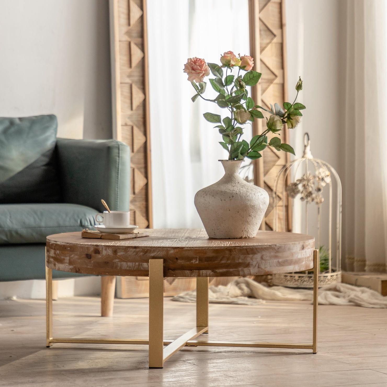 Antique Round Wood Coffee Table, Farmhouse Cocktail Center Table