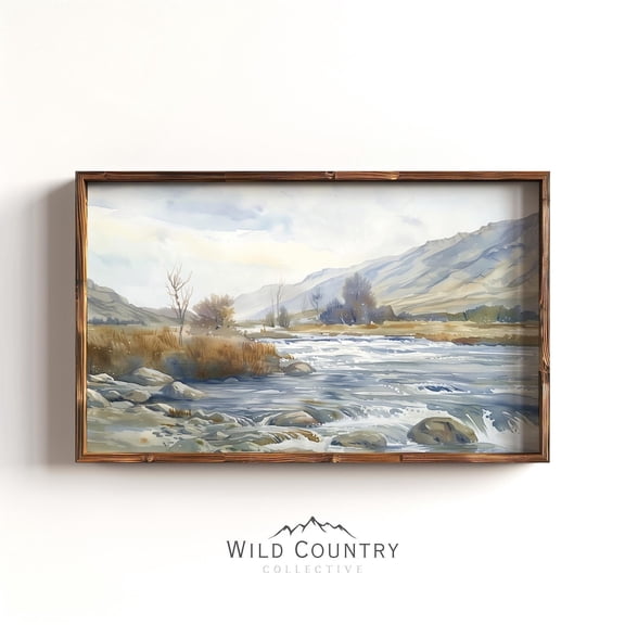 Antique Rushing River Mountain Rustic Country Landscape Painting Vintage Poster