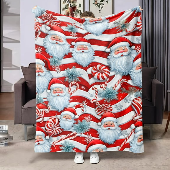 Antique Santa Claus Snowflake Candy Cane Tree Gift Pattern Flannel Blanket - Cozy, Warm & Soft Multifunctional Digital Print Polyester Throw for Sofa, Office and Travel Use; Year-Round Decorative Cov