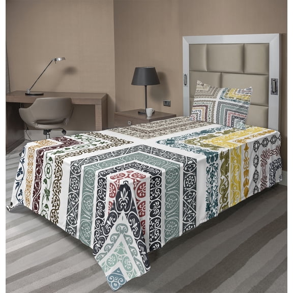 Antique Sheet Set, Royal Eastern Ornate Swirling Lines Mosaic Design, Fitted and Flat Sheet with Pillowcase Bedding Accent 3 Piece Set, Twin, Multicolor, by Ambesonne