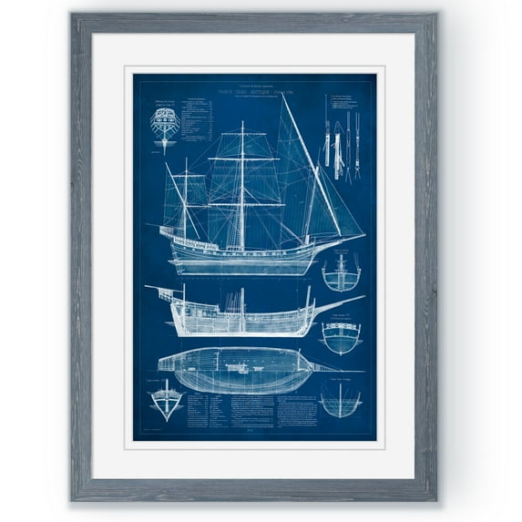 Antique Ship Blueprint I - Barnwood Framed Print - 18 x 24 - Grey