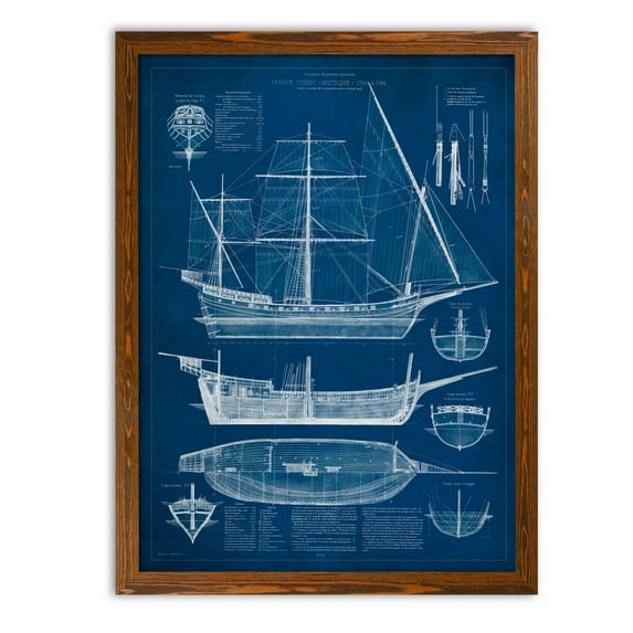 Antique Ship Blueprint II - Barnwood Framed Canvas - 18 x 24 - Maple