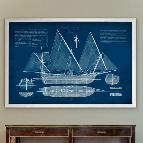 Antique Ship Blueprint III - Barnwood Framed Canvas - 18 x 24 - White
