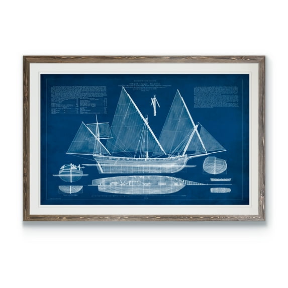 Antique Ship Blueprint III - Barnwood Framed Print - 17 x 20 - Walnut