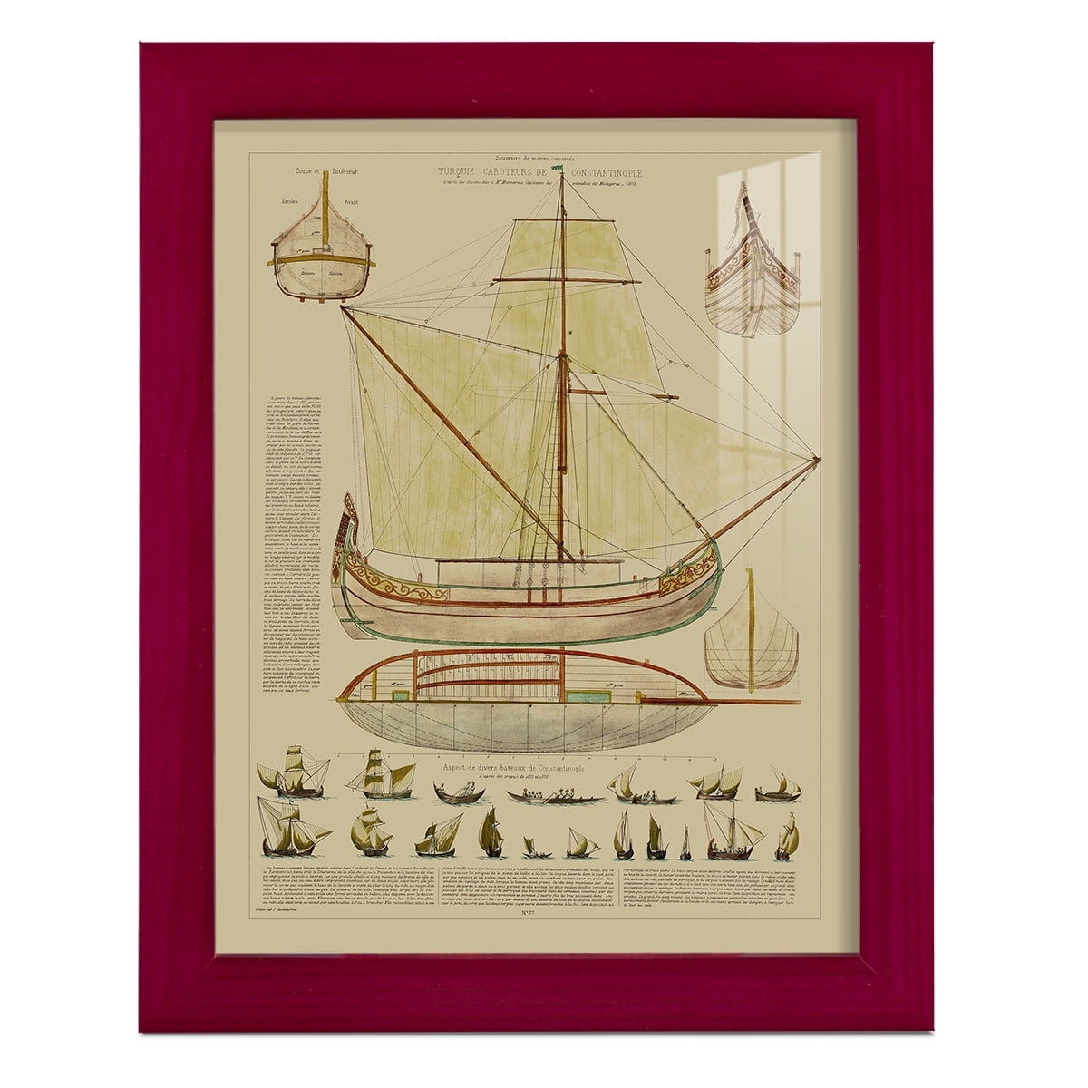 Antique Ship Plan I -Framed Print w/glass-Cherry Red