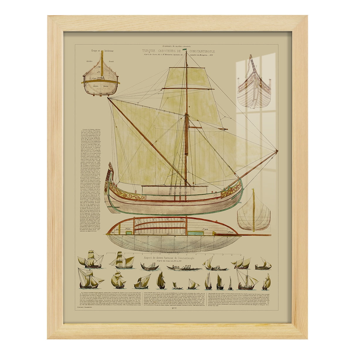 Antique Ship Plan I -Framed Print w/glass-Natural Wood