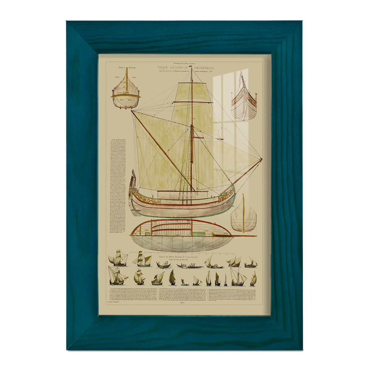 Antique Ship Plan I -Framed Print w/glass-Ocean Blue